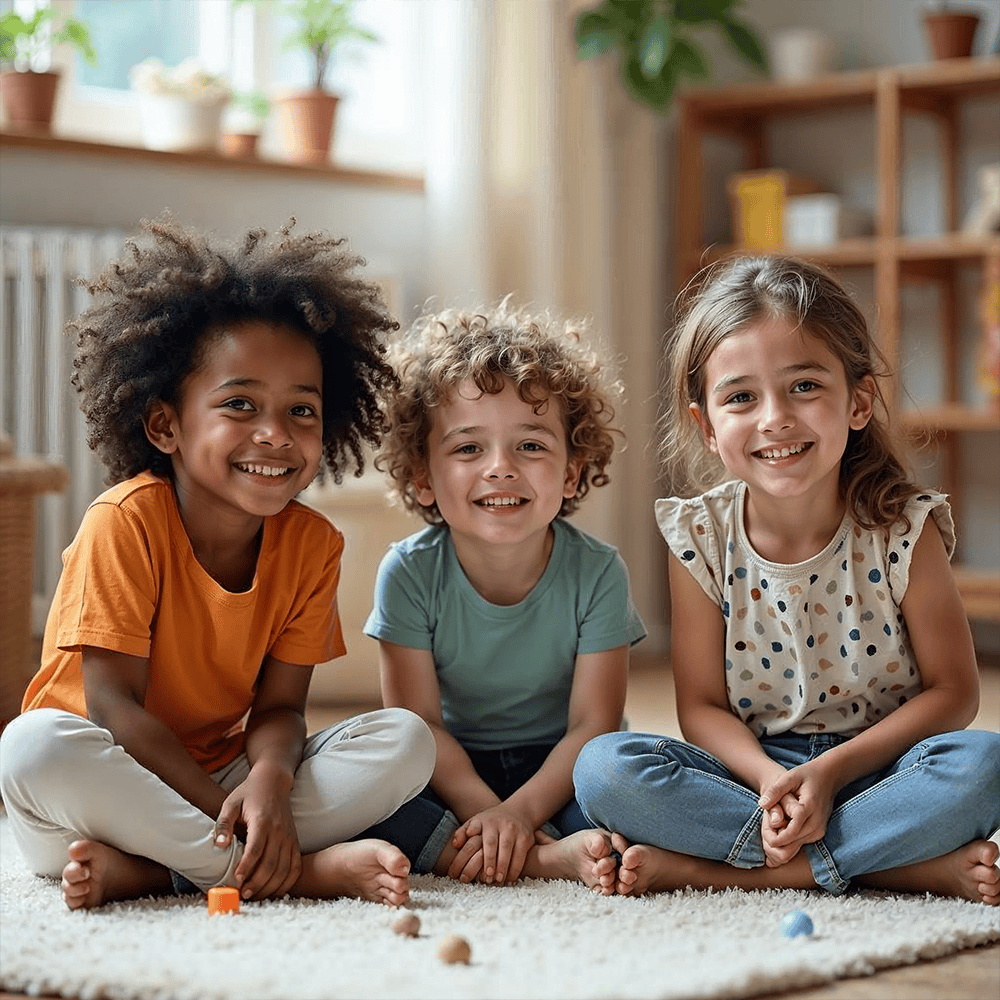 Three smiling children sitting cross-legged on a carpet in a bright, welcoming room with plants and shelves in the background