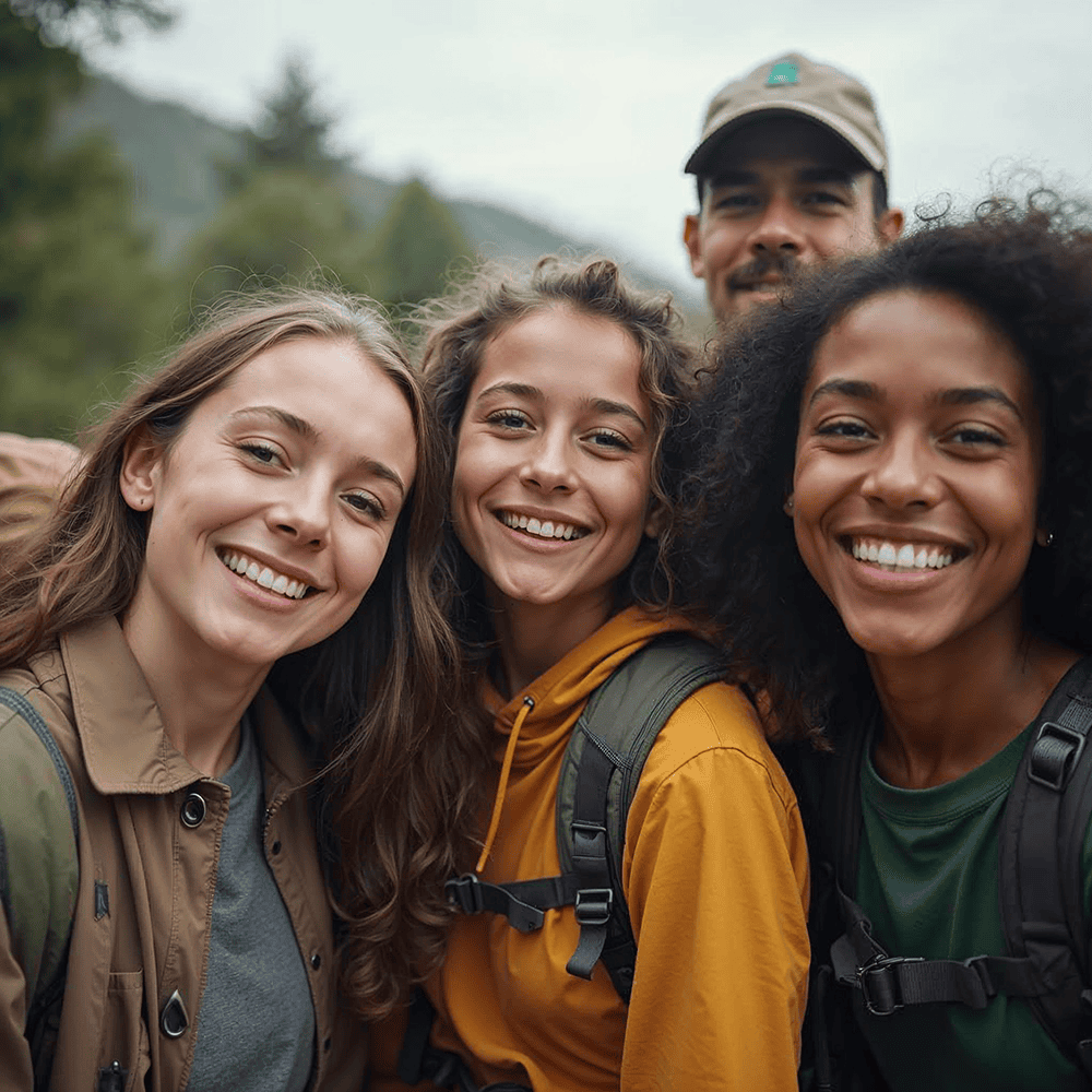 Diverse group of four young adults with backpacks smiling together outdoors on a hiking trail with mountains and trees behind them