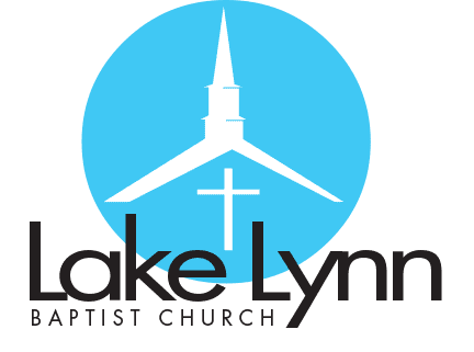 Lake Lynn Baptist Church logo featuring white church silhouette with steeple and cross against blue circle