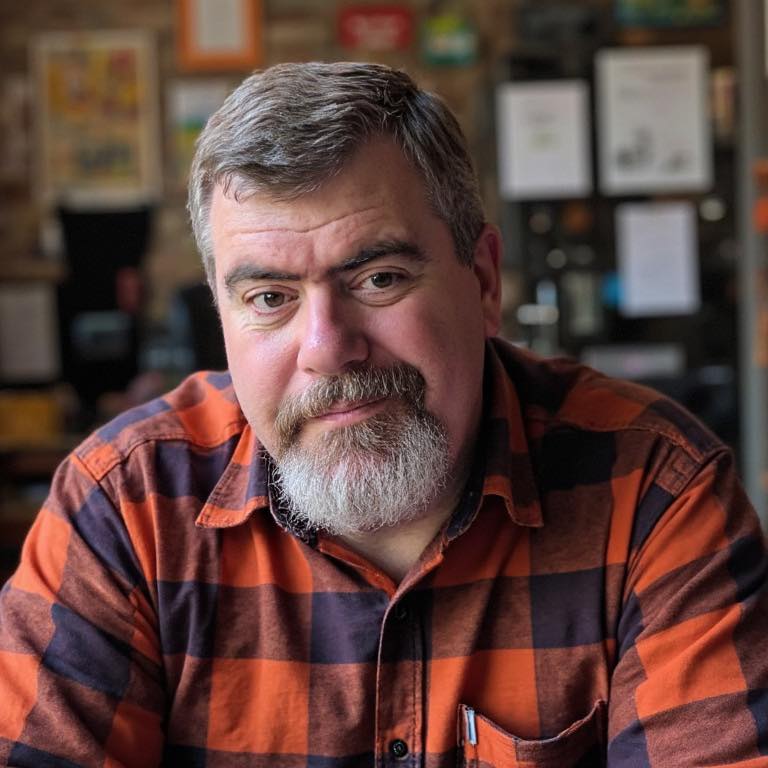 Man with gray hair and beard wearing orange and navy plaid shirt in casual indoor setting