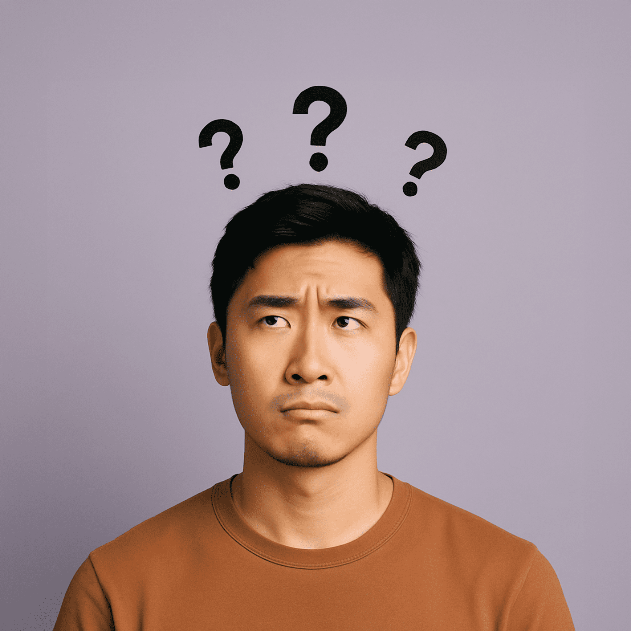 curious-man Young man with confused expression looking upward at question marks floating above his head