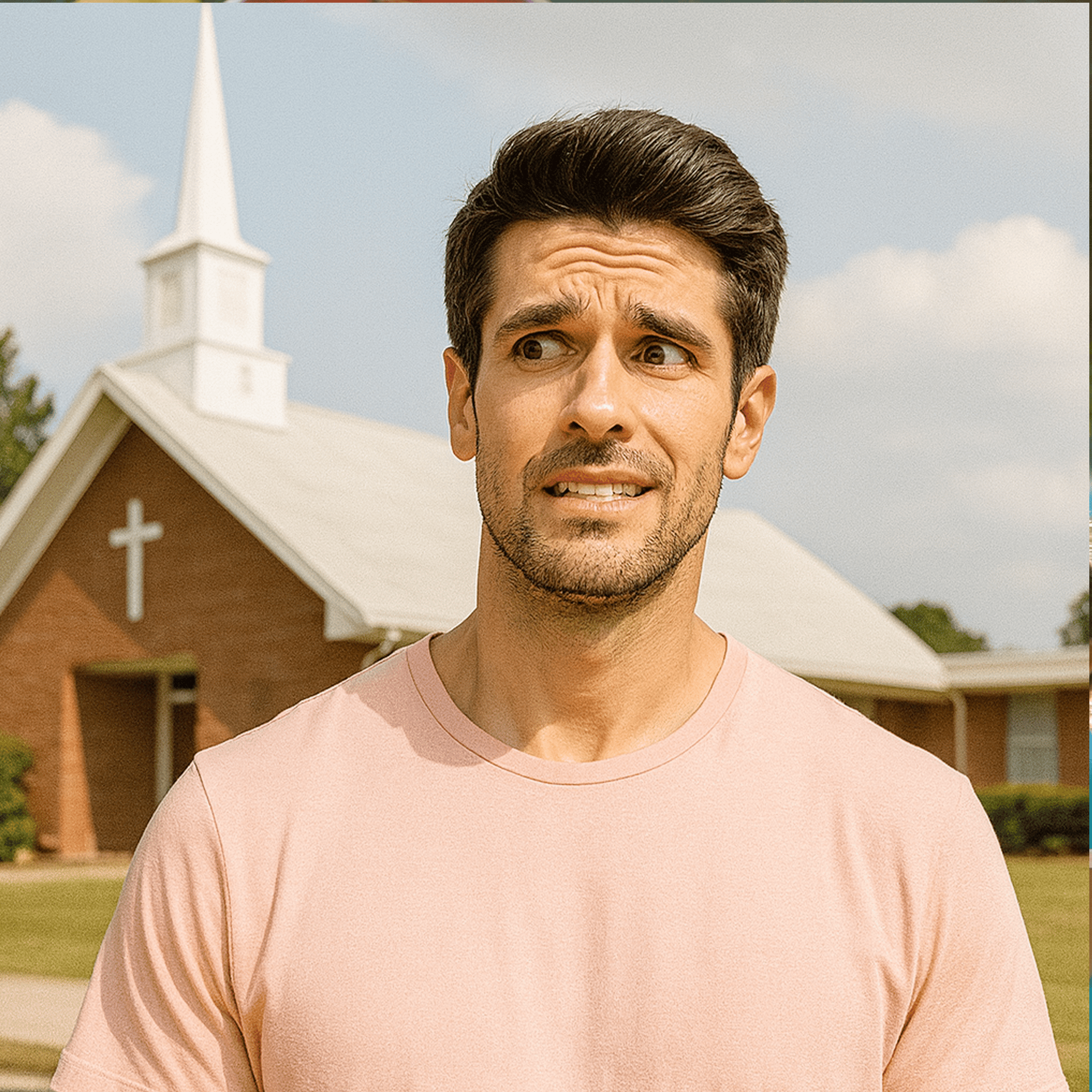 Man with uncertain expression standing outside brick church building with white steeple and cross in Fayetteville, NC