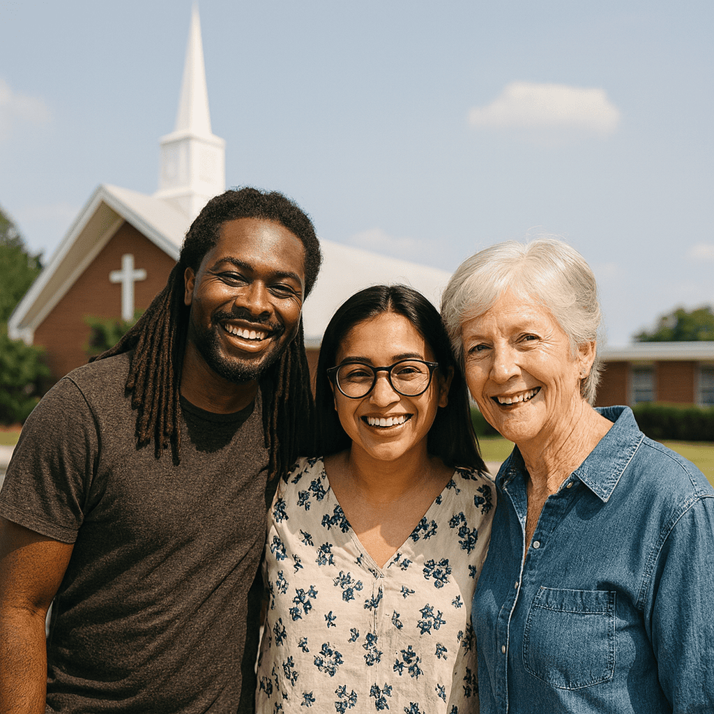 Three smiling church members of different ages and backgrounds standing together outside a brick church with white steeple