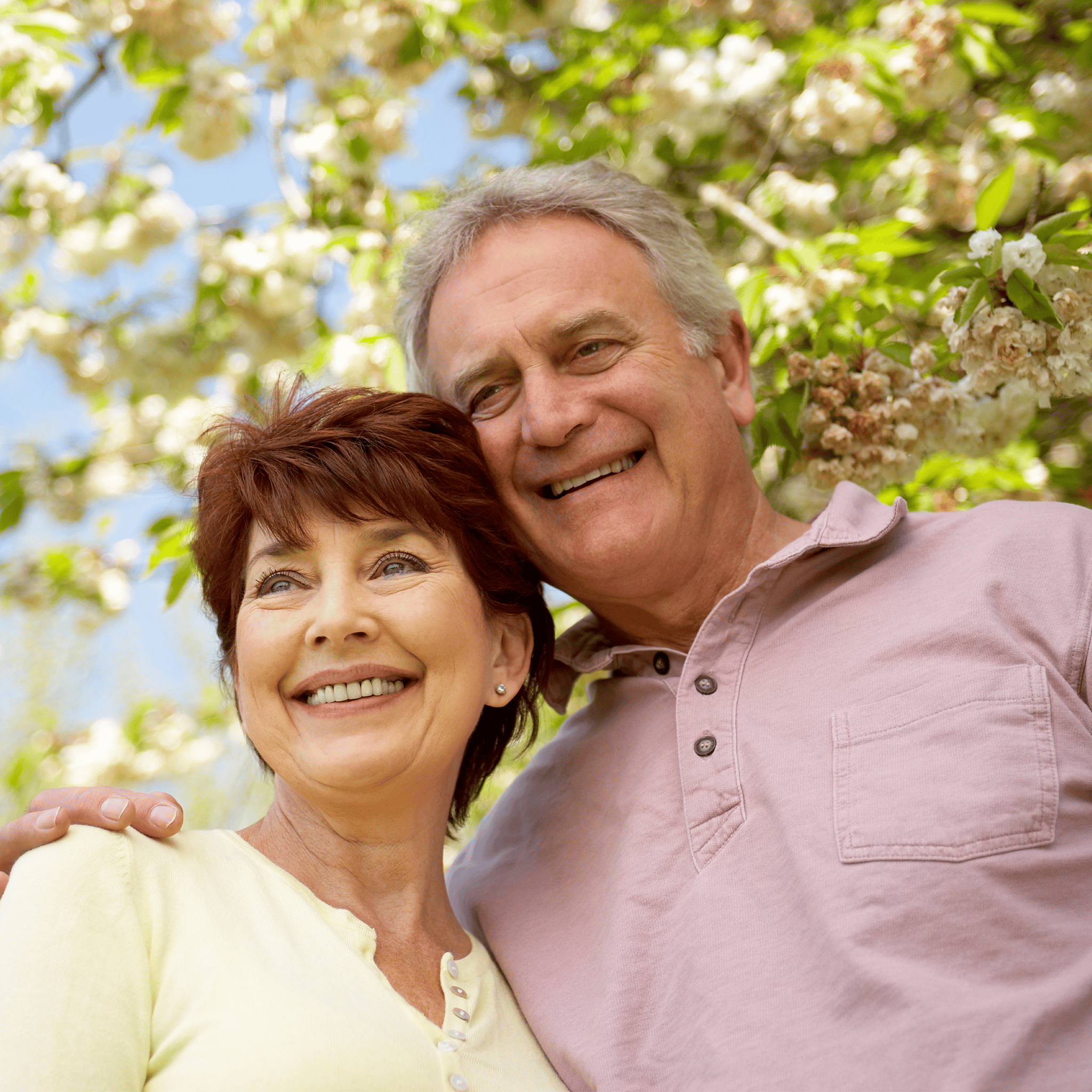 Smiling senior couple embracing outdoors beneath flowering tree branches on a sunny spring day