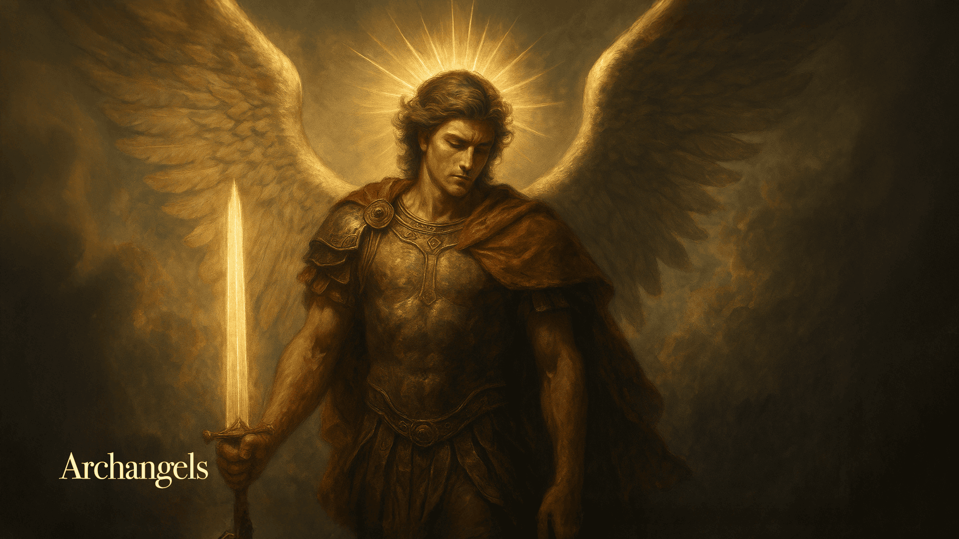 Archangel Michael with radiant halo, golden wings, and flaming sword wearing Roman armor and red cloak
