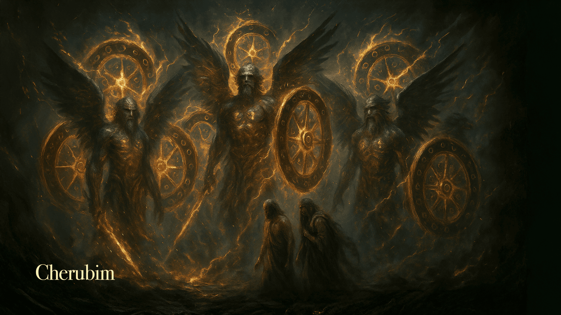 Artistic depiction of biblical cherubim as majestic winged beings with glowing golden wheels and halos, two robed figures standing below in awe