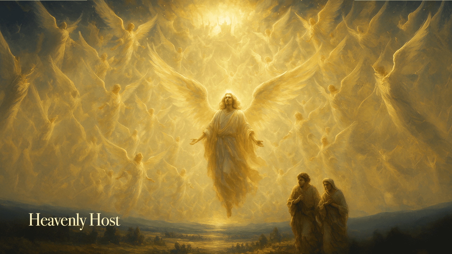 Heavenly host of angels with golden wings surrounding a radiant central angel appearing to two figures on Earth below