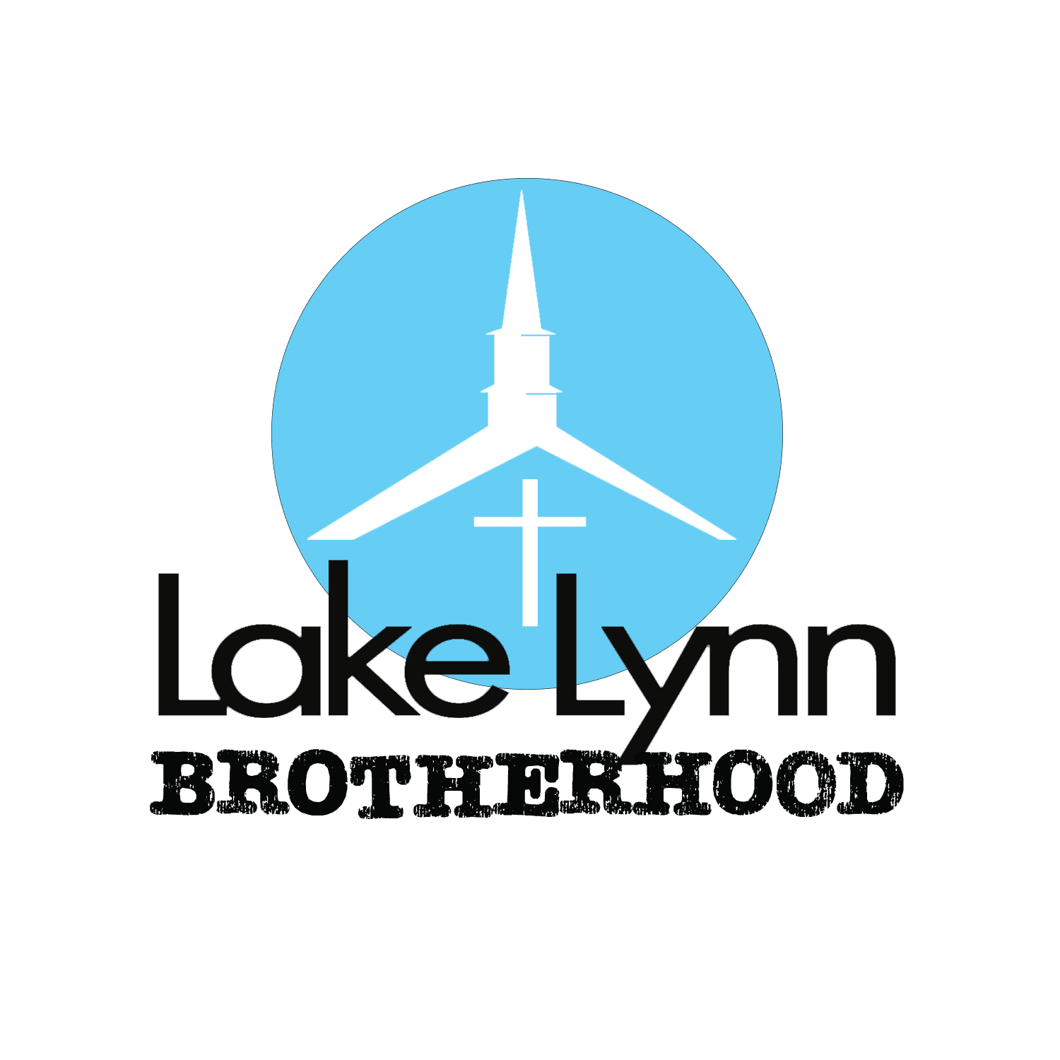 Lake Lynn Brotherhood logo featuring white church steeple and cross silhouette inside blue circle