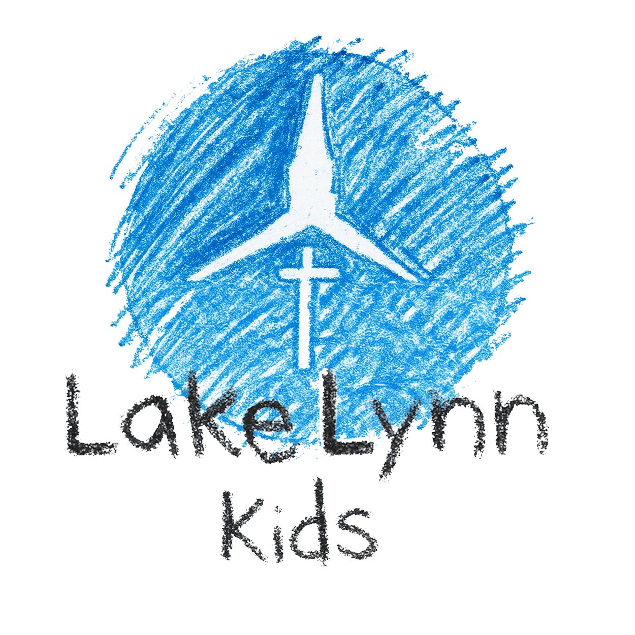 Lake Lynn Kids children's ministry logo featuring a white cross inside a blue crayon-style circle