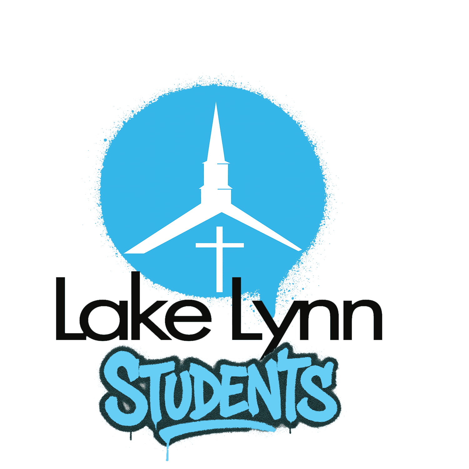 Lake Lynn Students youth ministry logo featuring white church steeple and cross on blue circular background with graffiti-style text