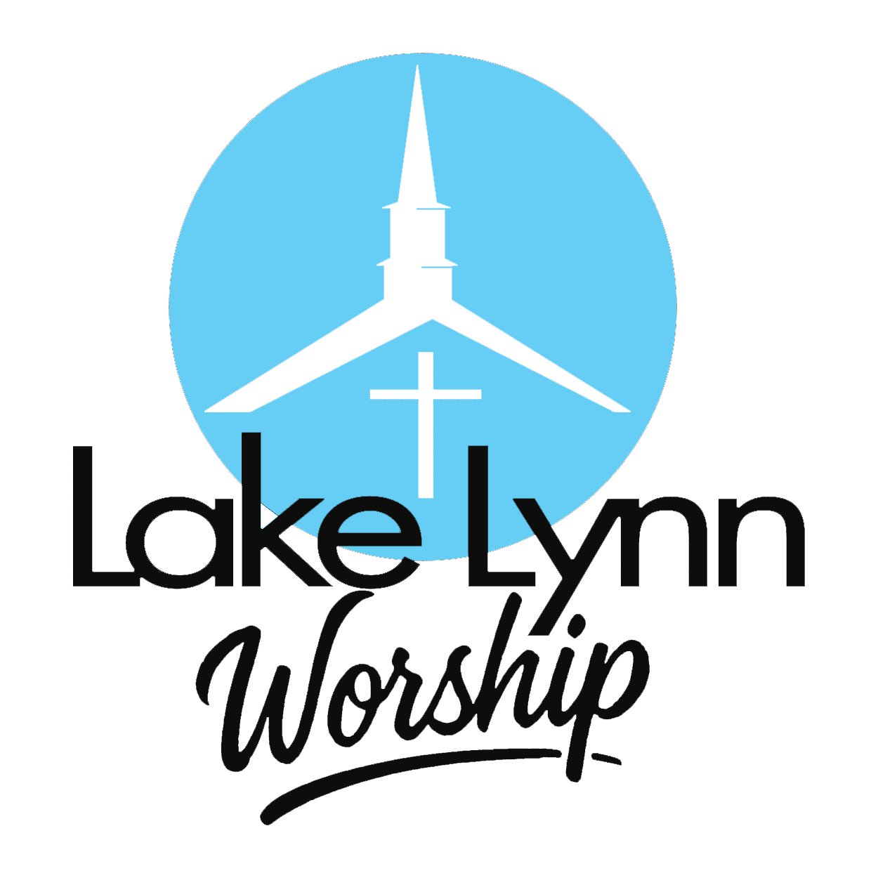 Lake Lynn Worship logo featuring white church steeple with cross inside light blue circle