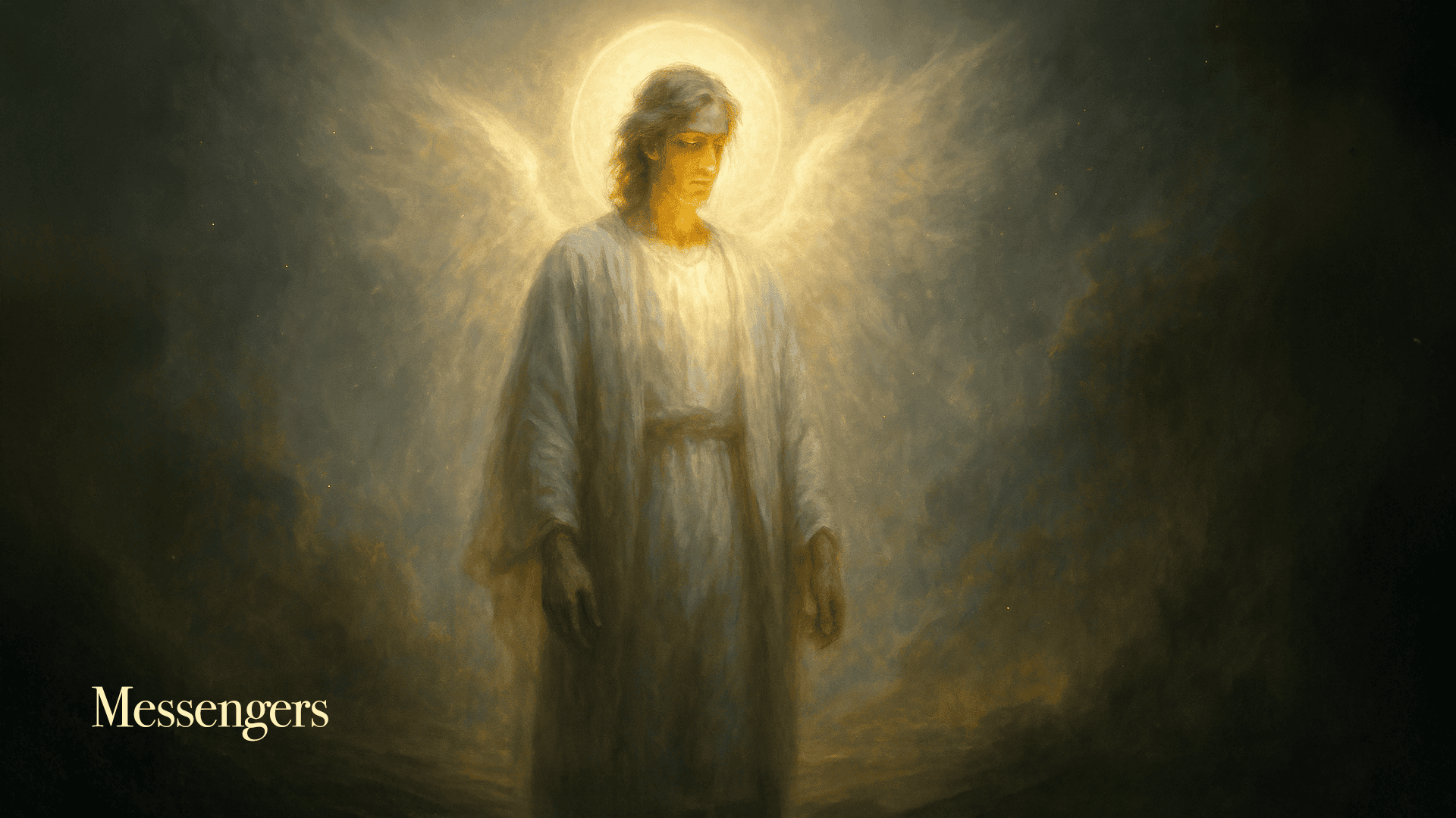 Radiant angel in white robes with glowing halo and wings standing in ethereal golden light, titled "Messengers