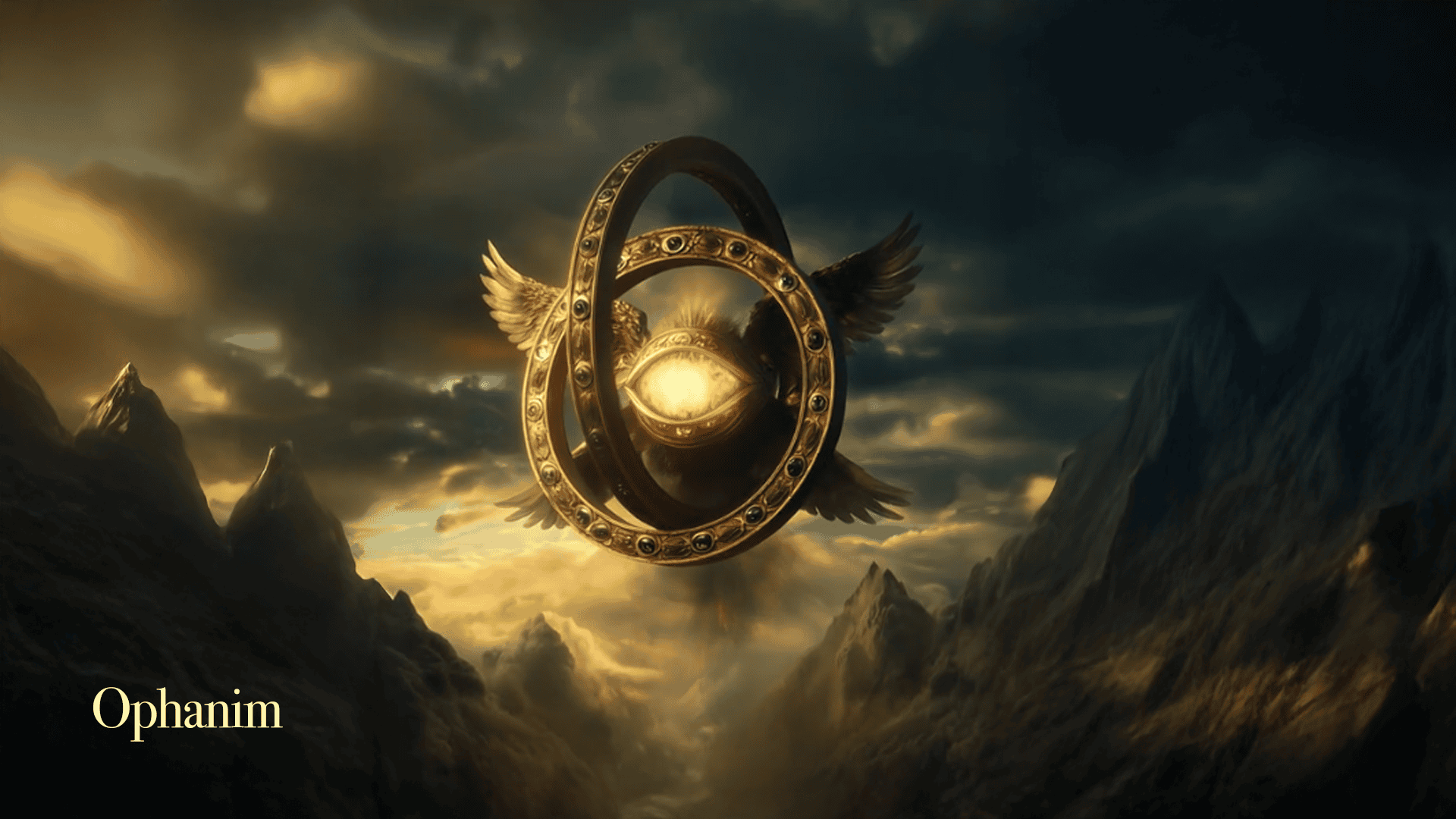 Ophanim angel artistic depiction with golden interlocking rings, wings, and glowing eye floating above mountains in dramatic sky