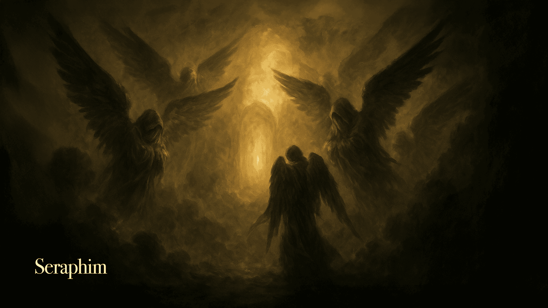 Seraphim angels with outstretched wings surrounding divine golden light emanating from heaven, dramatic biblical artwork