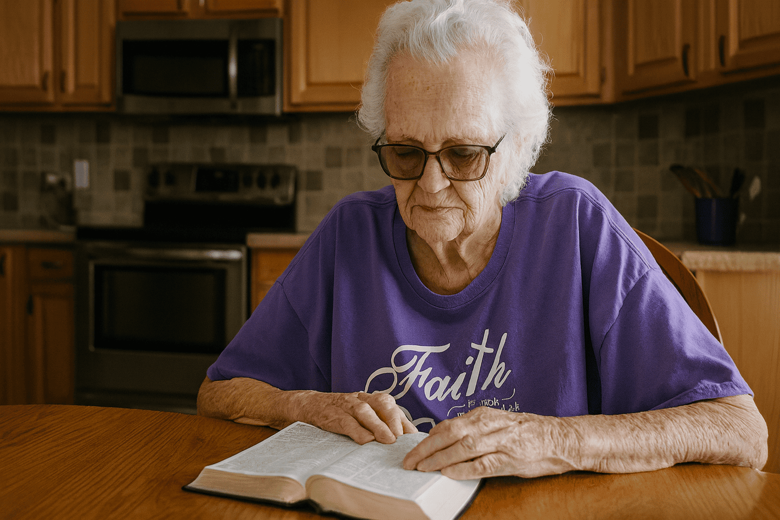 Elderly woman wearing a purple "Faith" t-shirt reading her Bible at a kitchen table during daily devotional time