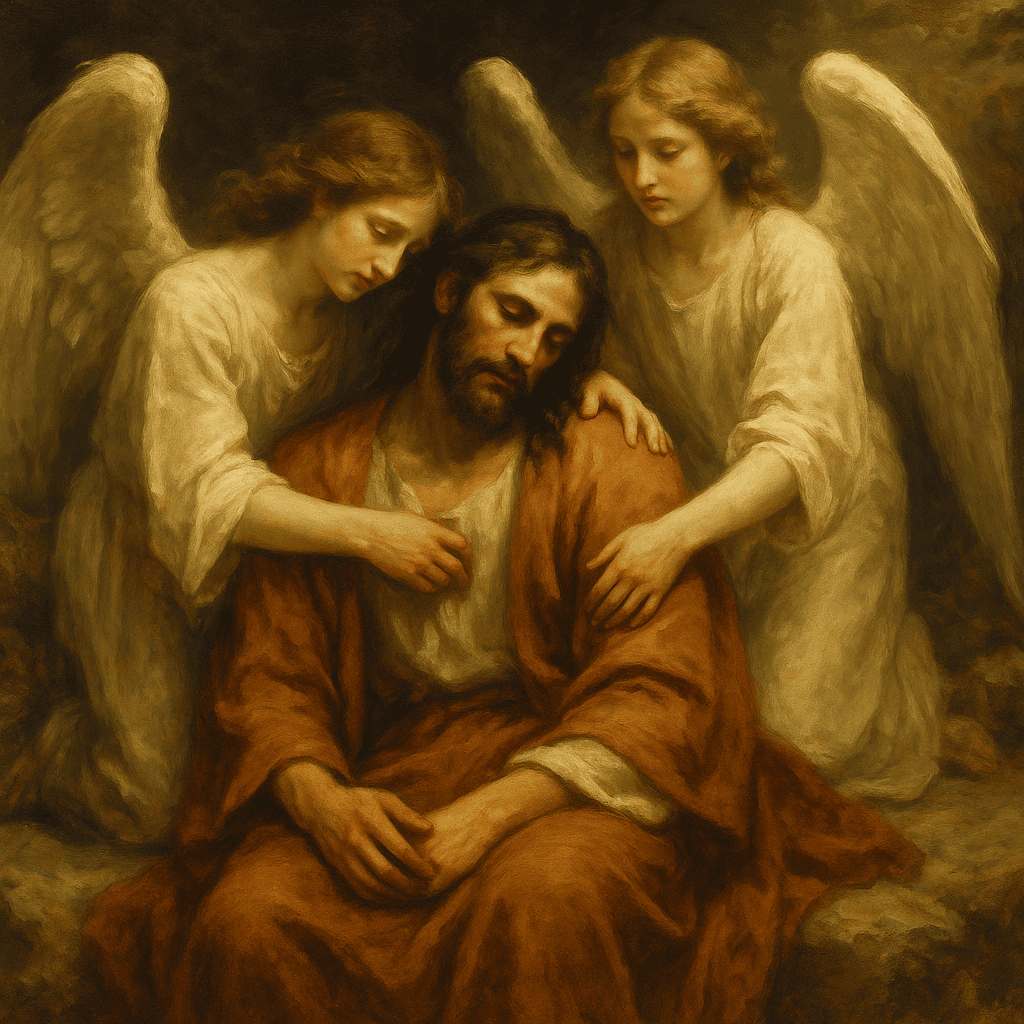 Classical painting of Jesus in the Garden of Gethsemane comforted by two angels with white wings during his agony