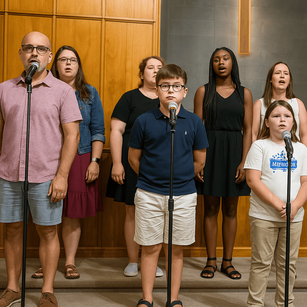 Multigenerational church choir singing during worship service, with adults and children standing at microphones in sanctuary