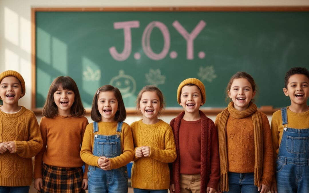 Seven smiling children singing together in a Sunday school classroom with "J.O.Y." written on the green chalkboard behind them