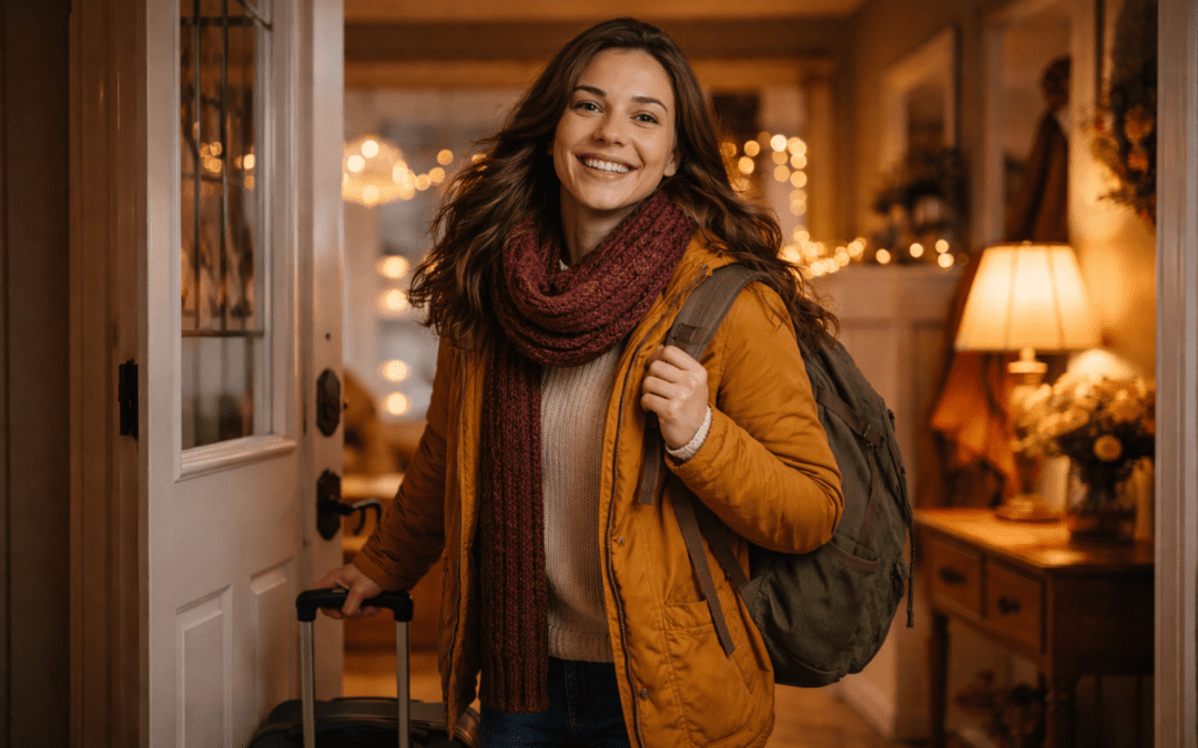 Smiling young woman with backpack and suitcase arriving home during the holidays, warm lights glowing in the background
