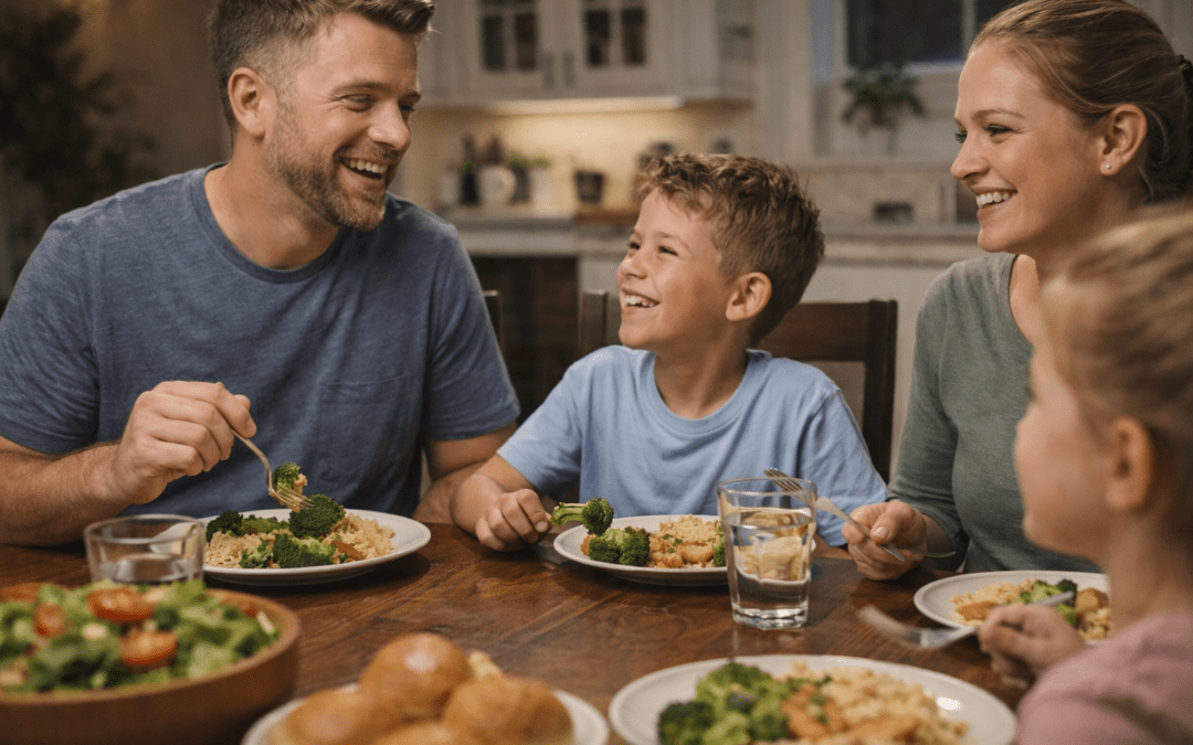 Happy family of four sharing a meal together at their kitchen table, laughing and enjoying broccoli and rice