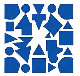 Blue geometric shapes arranged in abstract pattern including triangles, circles, squares, and arrows