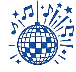 Disco ball with music notes and stars, representing church dance or fellowship event