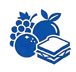 Blue icon of grapes, orange, apple, and sandwich representing food ministry or meal program