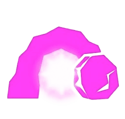 Pink geometric shapes resembling an abstract cave or tomb entrance with glowing light