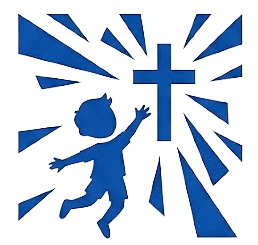 Blue silhouette of joyful child reaching upward toward a cross with radiating light beams