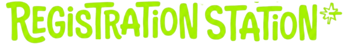 Registration Station logo in bright green playful lettering with decorative star accent