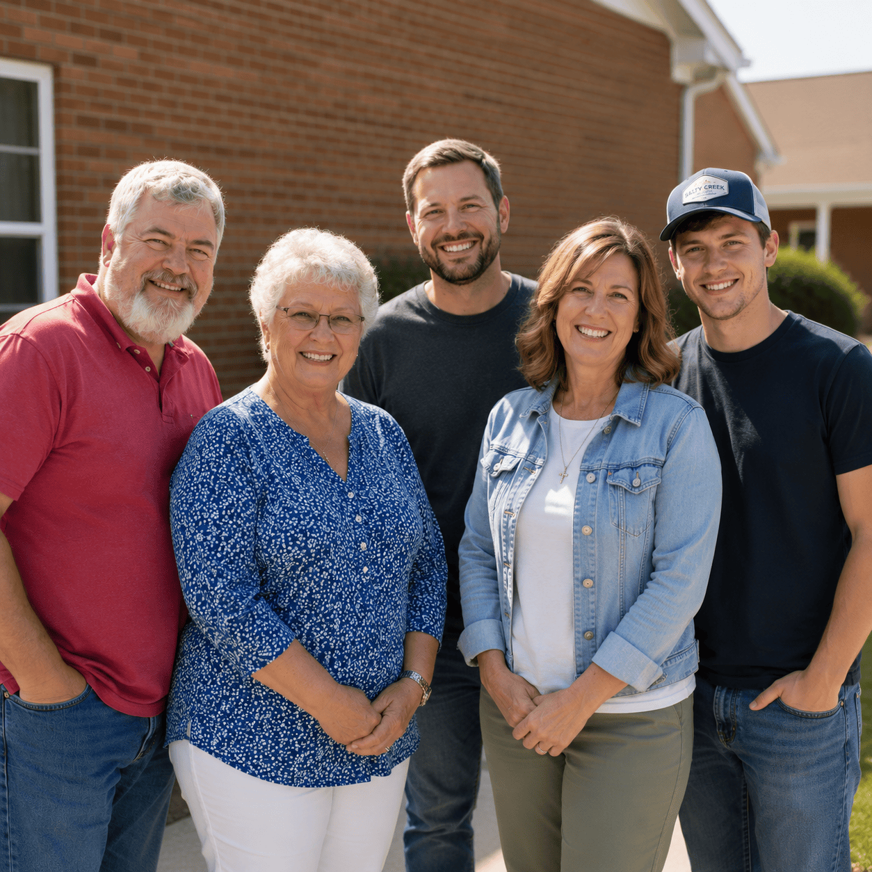Small group of people standing outside the church. They are smiling