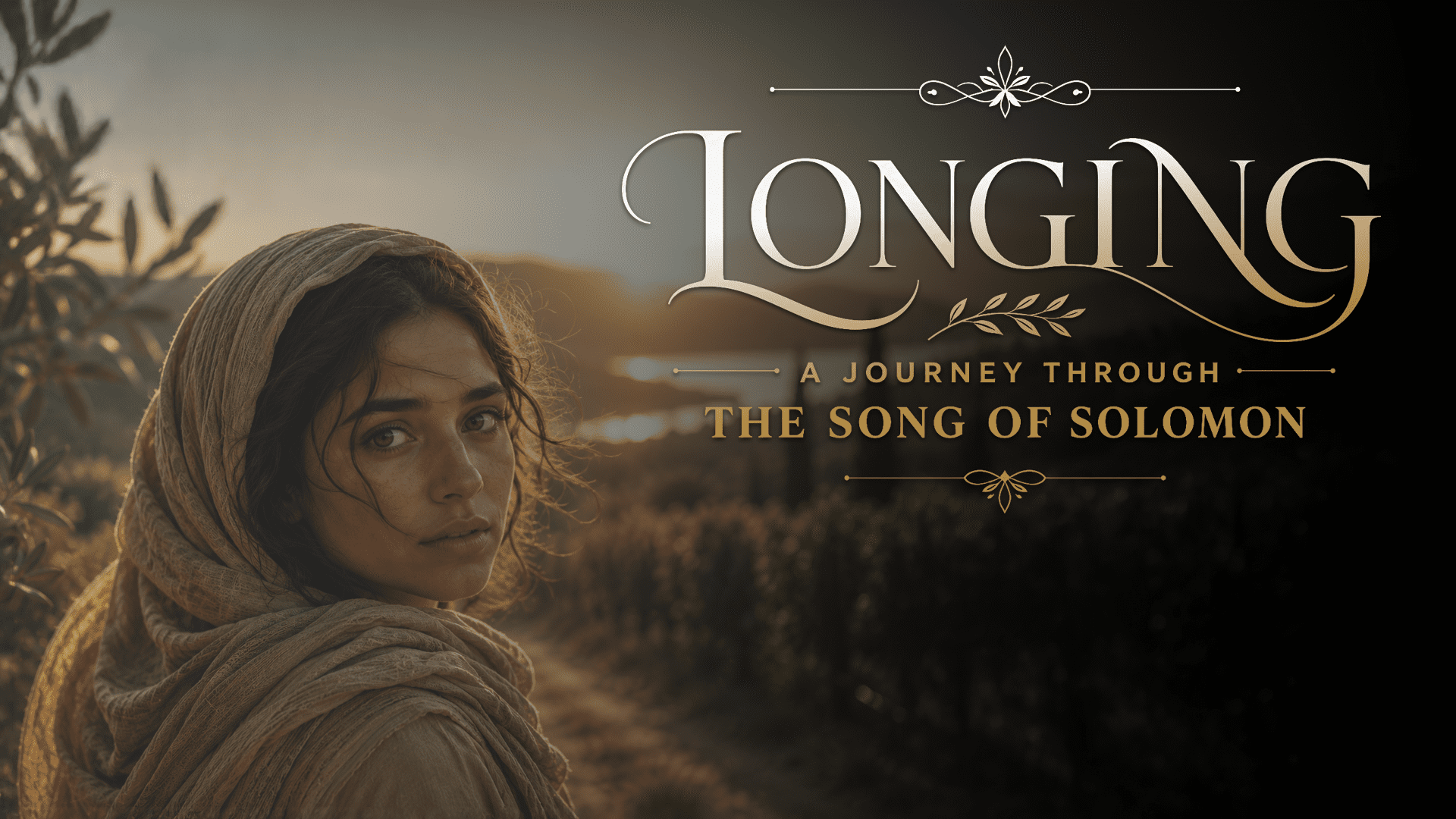 Longing Title Woman wearing headscarf gazing over hillside landscape with text "Longing: A Journey Through The Song of Solomon
