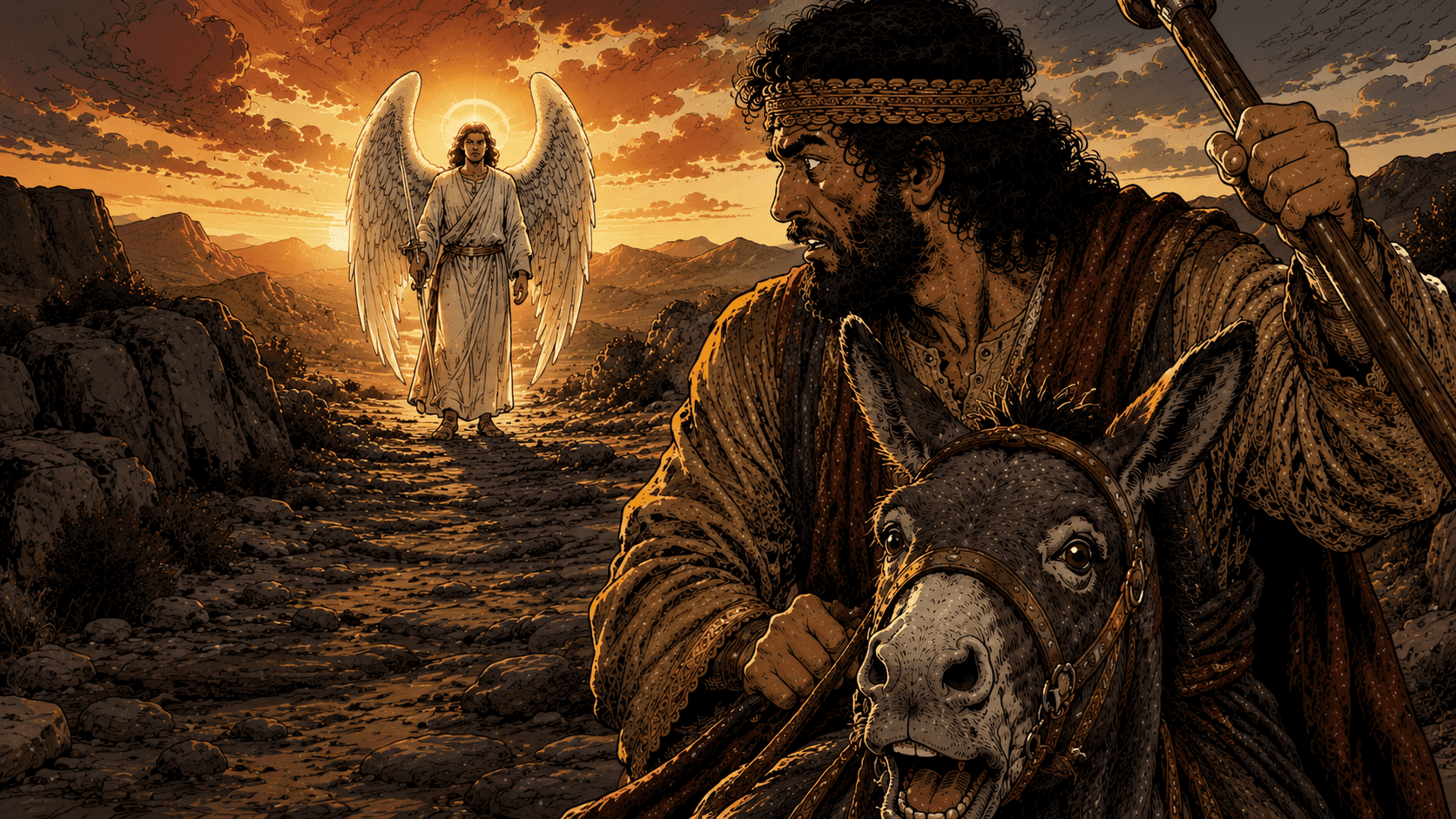 Angel appearing to shepherd with donkey in desert landscape at sunset, biblical illustration of divine encounter