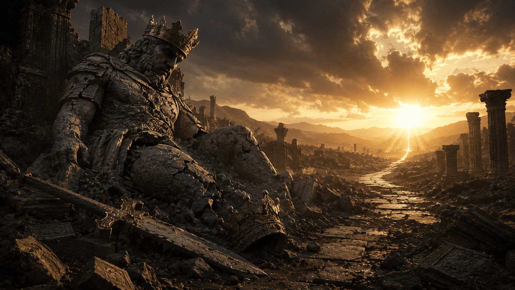 blog1 Ancient ruins with stone statue wearing crown overlooking valley at sunset, symbolic of faith and redemption