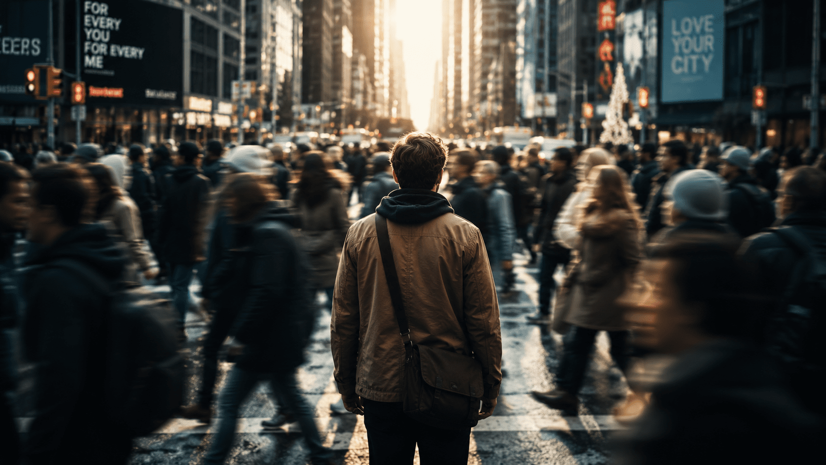 Person standing alone facing forward in crowded city street with blurred pedestrians and tall buildings with inspirational signage