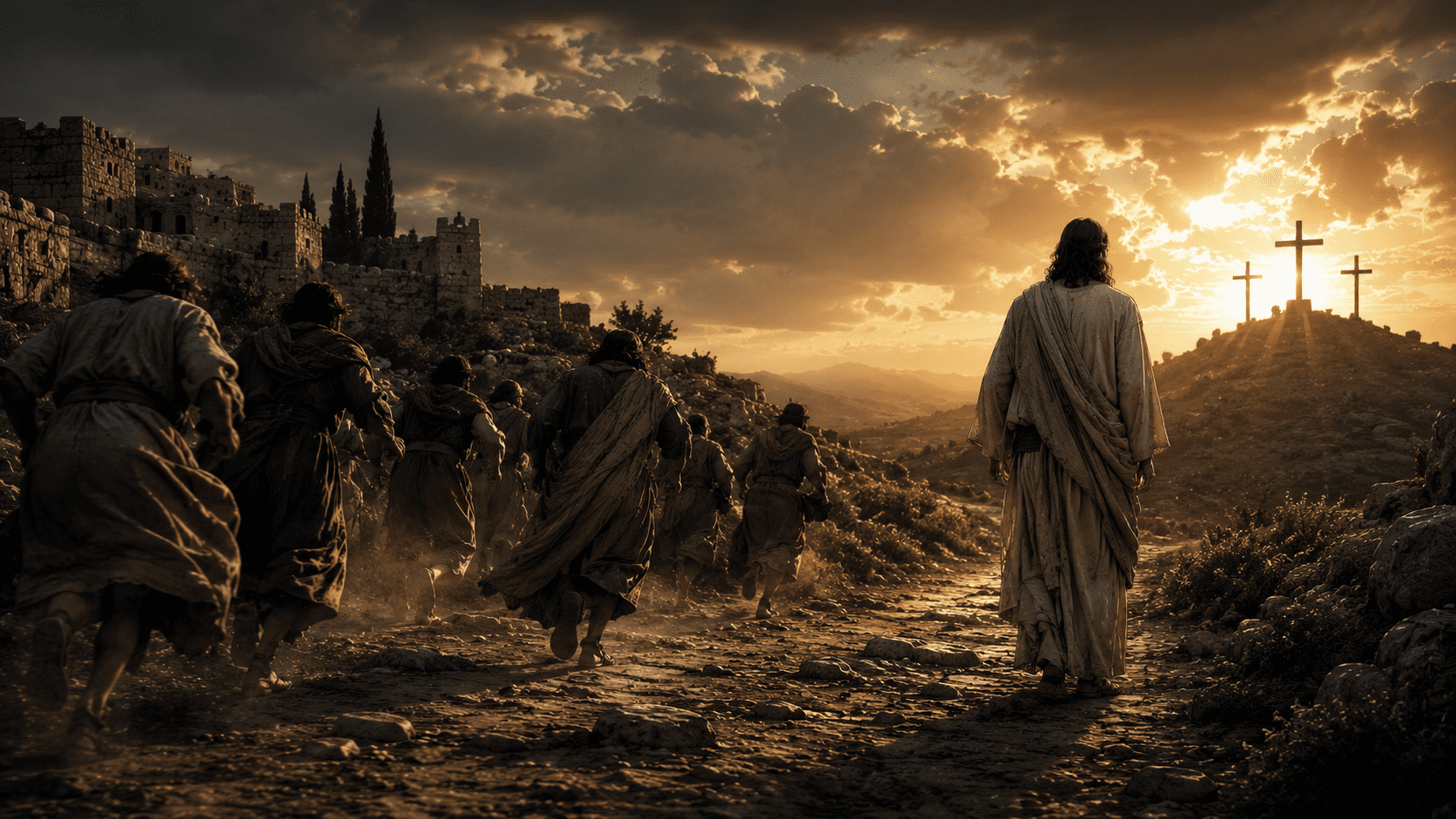 blog1 Jesus walking with disciples on path toward three crosses on hill overlooking ancient Jerusalem city