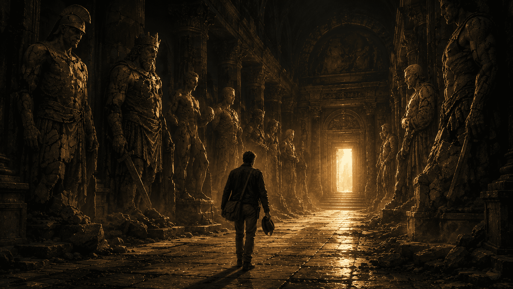 blog2 Person walking toward light through ancient stone temple corridor with statues lining both sides