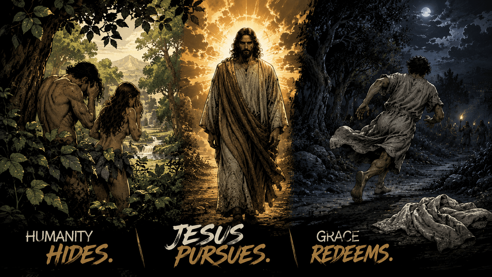 Jesus in radiant light pursuing humanity toward redemption and grace, illustrating Christian salvation message