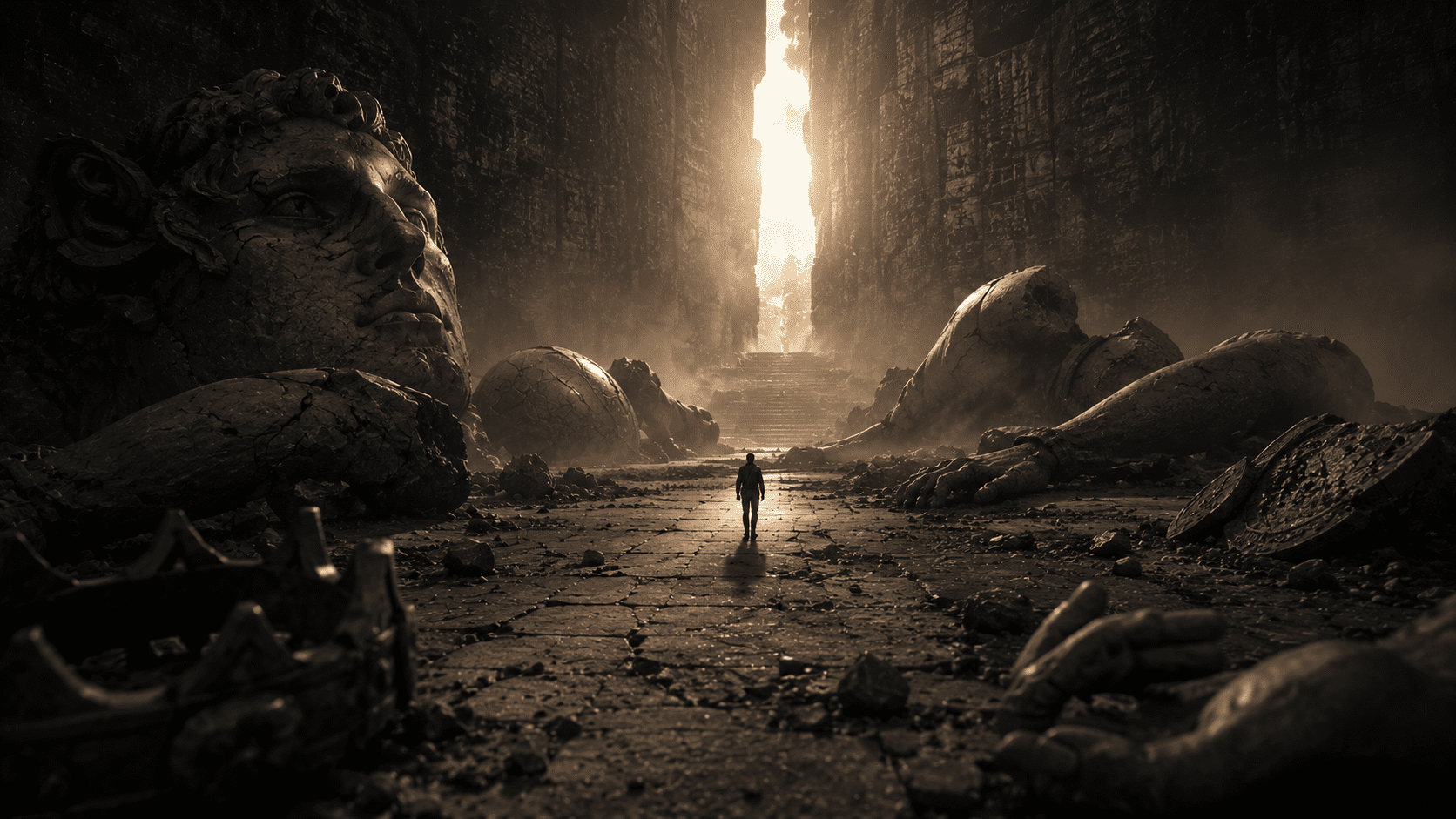 Solitary figure walking through ancient stone canyon toward light, symbolizing faith and spiritual journey