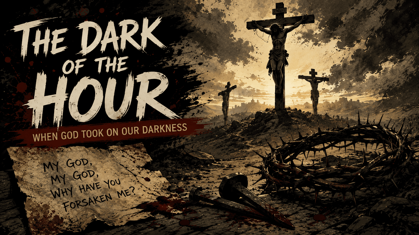 blog3 Three crosses on a hill at sunset with crown of thorns, depicting Christ's crucifixion and "The Dark of the Hour" sermon series theme