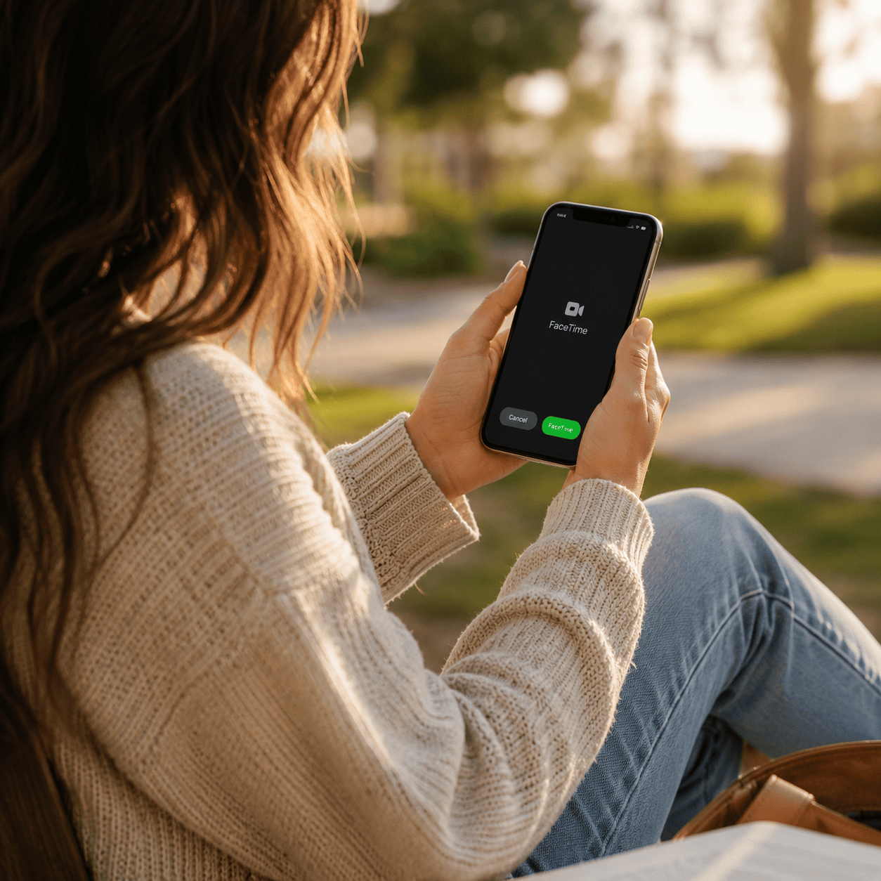 Woman holding smartphone with FaceTime call screen in outdoor setting with green lawn and trees