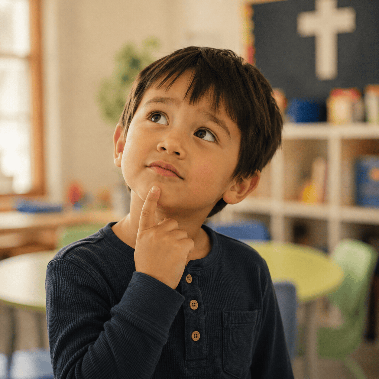 Young child in thoughtful pose at church nursery or Sunday school classroom with cross visible in background