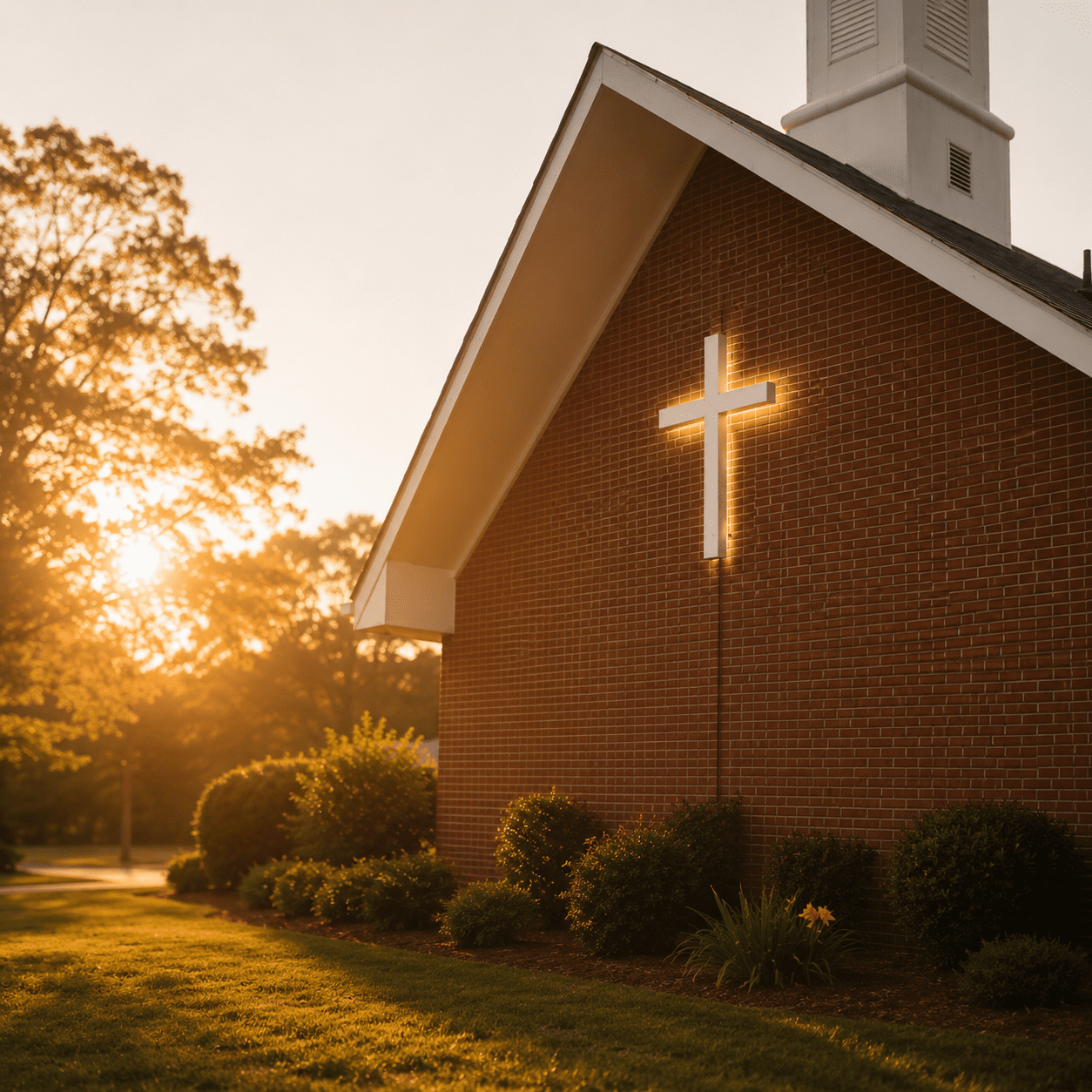 front Illuminated cross glowing on brick church exterior at sunset with steeple and landscaped grounds visible.