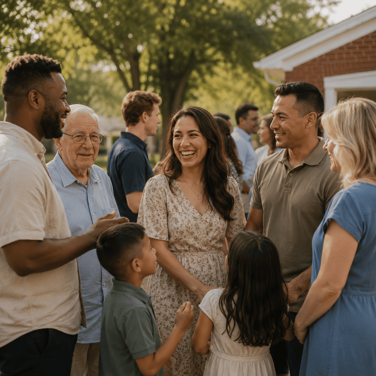 Diverse church community gathering outdoors on church grounds, with families and seniors enjoying fellowship together on a sunny day.