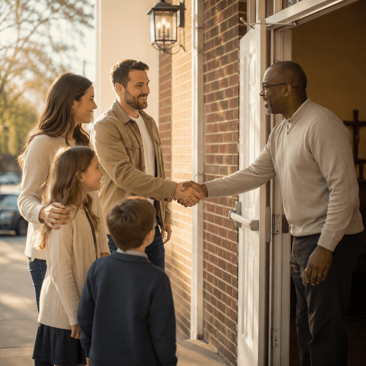 handshake Pastor Phil Graves welcomes a family at the church entrance on a sunny day