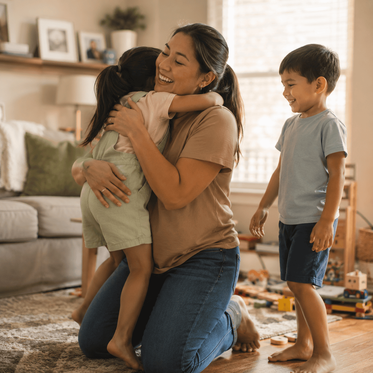 Mother hugging daughter while playing with son in bright home living room