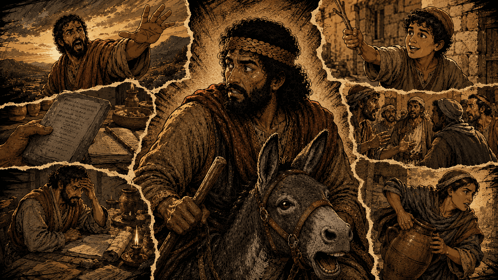 inteerupt Biblical illustration of King David's life journey showing moments of prayer, worship, leadership, and faith with ancient Jerusalem setting