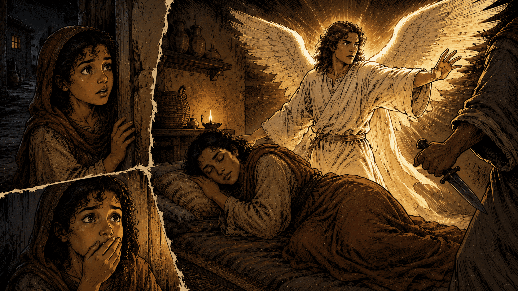 Angel appearing to a child with glowing wings in a scene where a mother is sleeping depicting message of hope and salvation