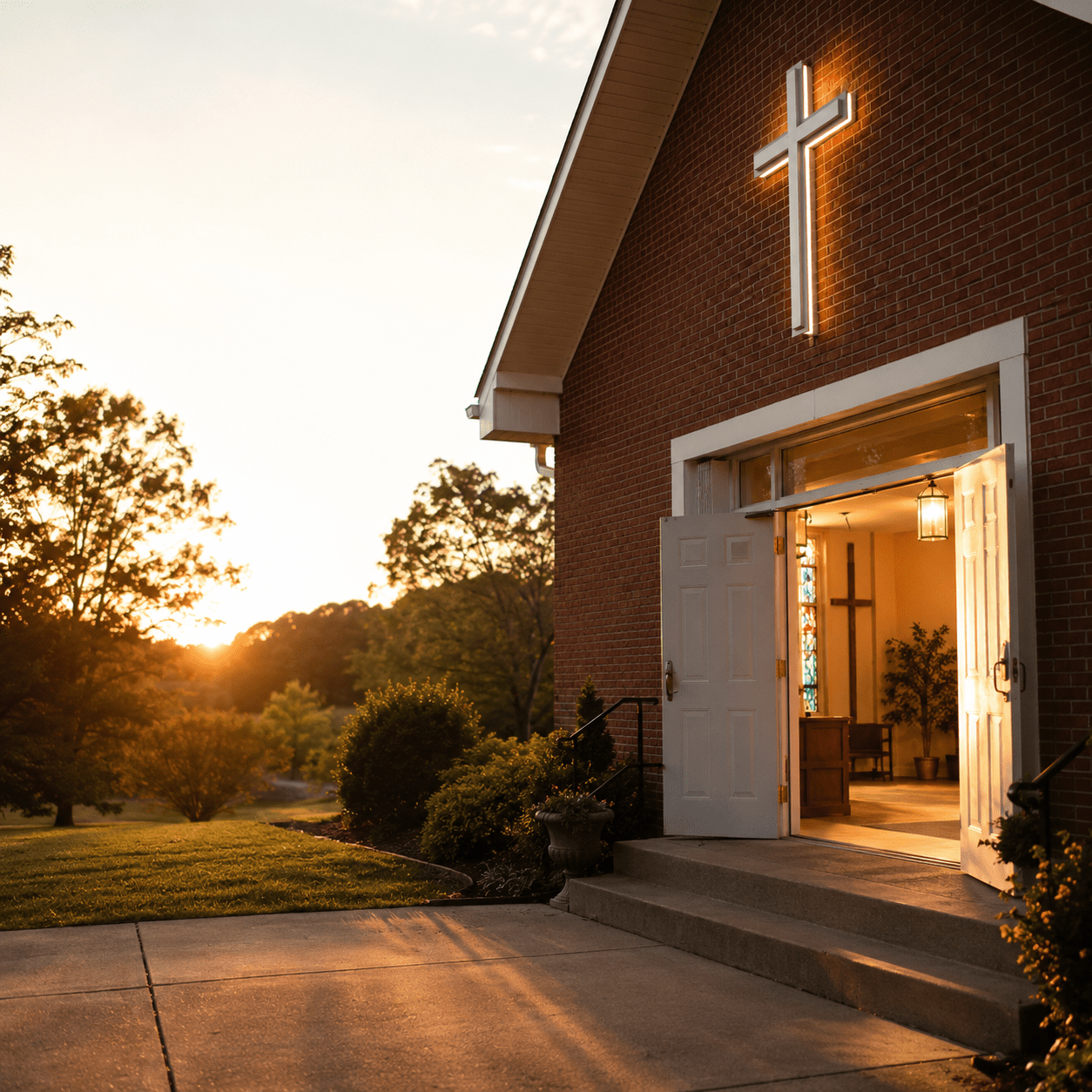 open door Modern brick church entrance at sunset with illuminated cross and open doors welcoming visitors
