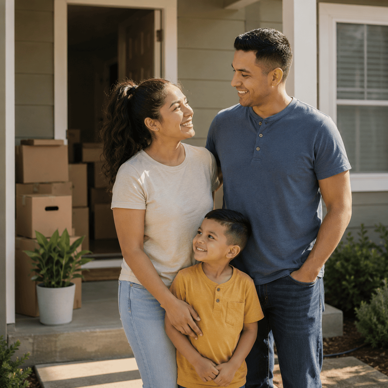 Happy family of three smiling together on home porch with moving boxes, symbolizing new beginnings and community welcome.